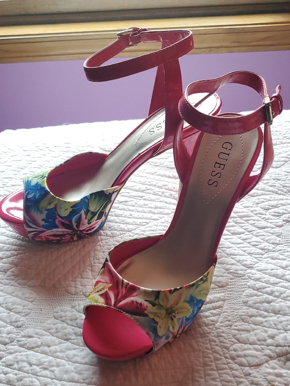 GUESS Pink Floral Open-Toe Ankle-Strap Heels